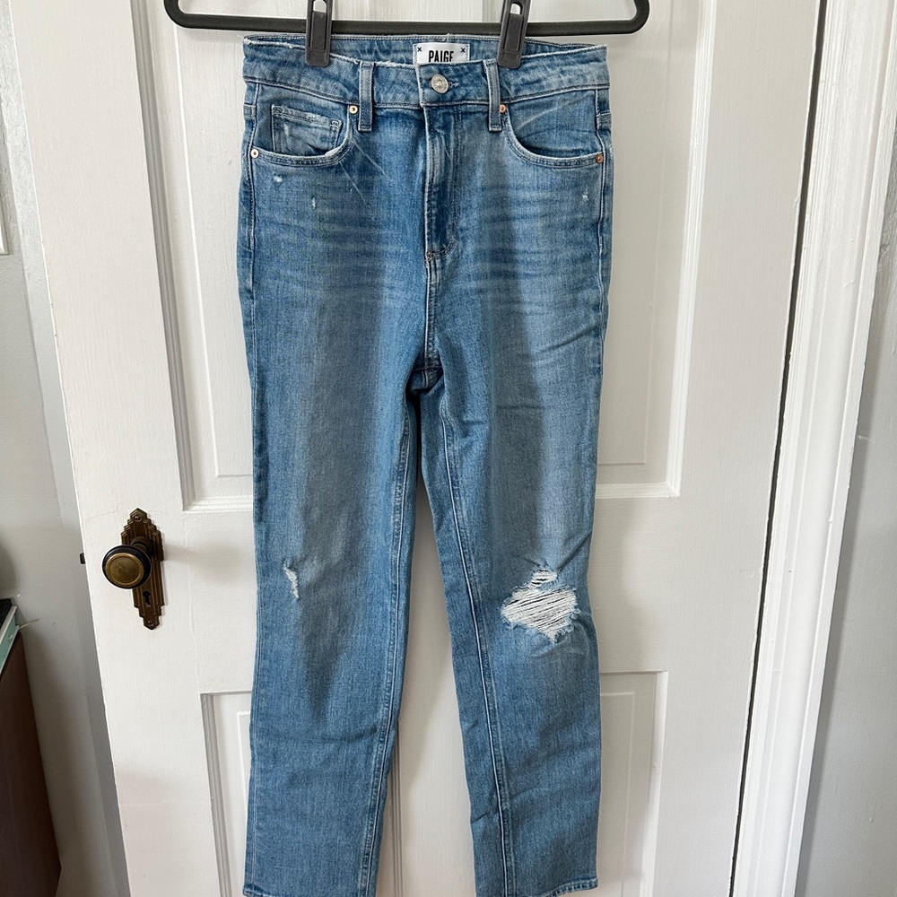 PAIGE Distressed Light Blue Straight Leg Jeans